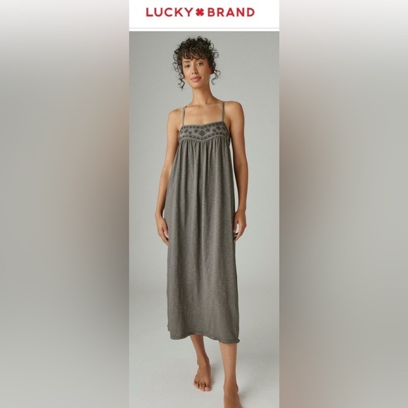 LUCKY BRAND XS Woven Yoke Cotton Buttery Soft Knit Maxi Dress in Washed Black - Picture 1 of 13